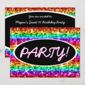 Glitz Rainbow Stripe Party. zwarte ovale uitnodigi Kaart (Voorkant / Achterkant)