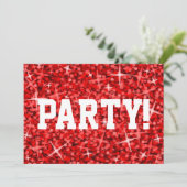 Glitz Red 'Party!' uitnodiging witte tekst (Staand voorkant)