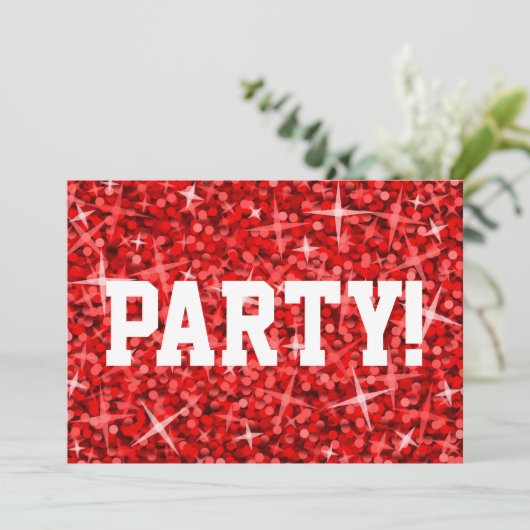 Glitz Red 'Party!' uitnodiging witte tekst (Staand voorkant)