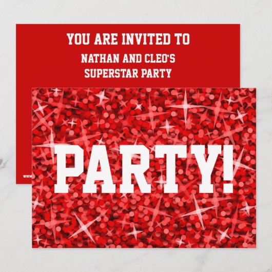 Glitz Red 'Party!' uitnodiging witte tekst (Voorkant / Achterkant)