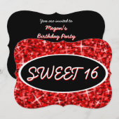 Glitz Red 'Sweet 16' zwarte ovale uitnodigingsbeug Kaart (Voorkant / Achterkant)
