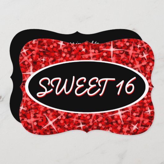 Glitz Red 'Sweet 16' zwarte ovale uitnodigingsbeug Kaart (Voorkant / Achterkant)