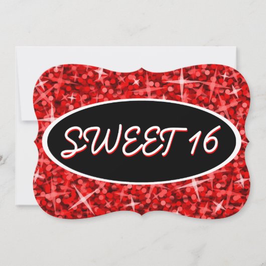 Glitz Red 'Sweet 16' zwarte ovale uitnodigingsbeug Kaart (Voorkant)