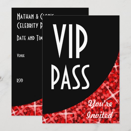 Glitz Red zwarte kromme "VIP-pas"-uitnodiging Kaart (Voorkant / Achterkant)