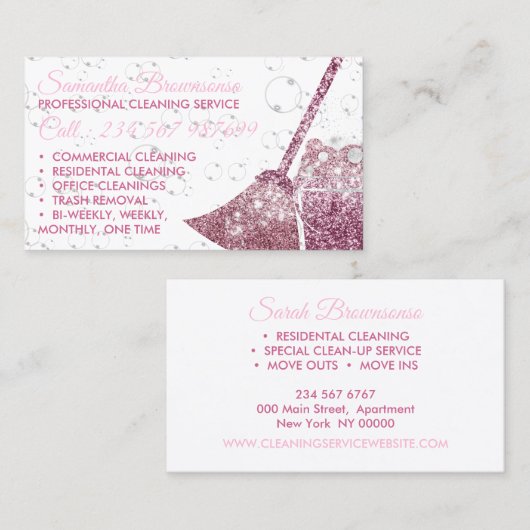 Glitz Roze Luxe Schoonmaakster Janitorial Visitekaartje (Voorkant / Achterkant)