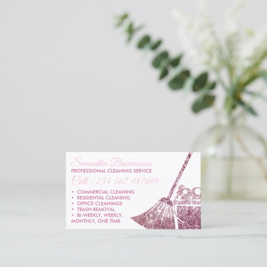 Glitz Roze Luxe Schoonmaakster Janitorial Visitekaartje (Staand voorkant)