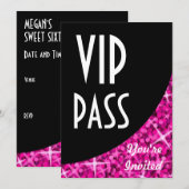 Glitz Roze zwarte kromme "VIP-pas"-uitnodiging Kaart (Voorkant / Achterkant)