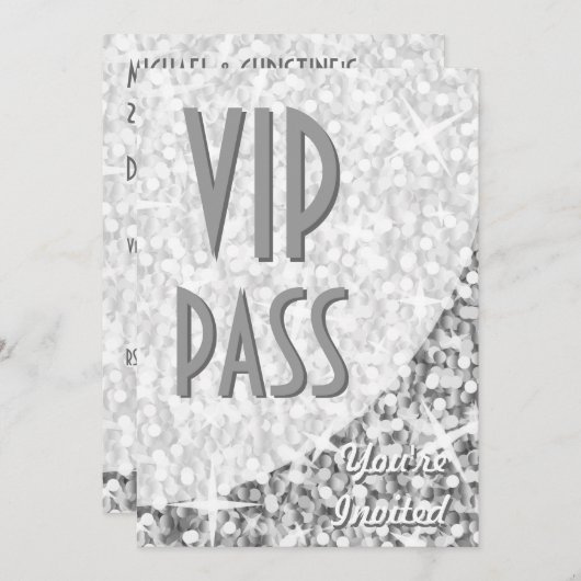 Glitz "Silver"-kromme "VIP Pass"-uitnodiging Kaart (Voorkant / Achterkant)