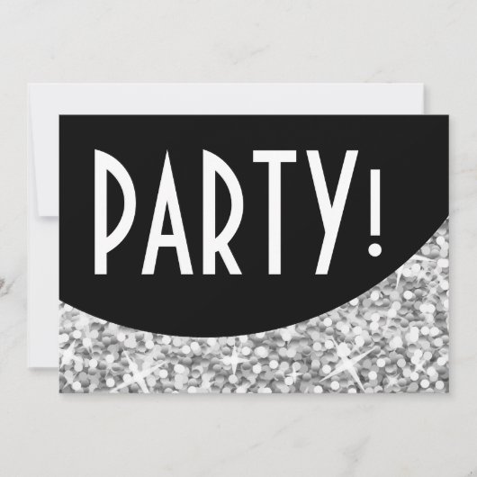 Glitz "Silver" zwarte kromme "Party!" uitnodiging (Voorkant)