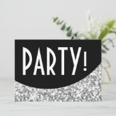 Glitz "Silver" zwarte kromme "Party!" uitnodiging (Staand voorkant)