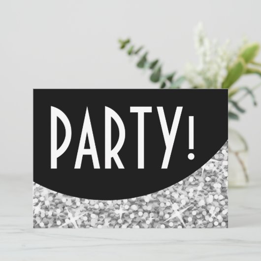 Glitz "Silver" zwarte kromme "Party!" uitnodiging (Staand voorkant)