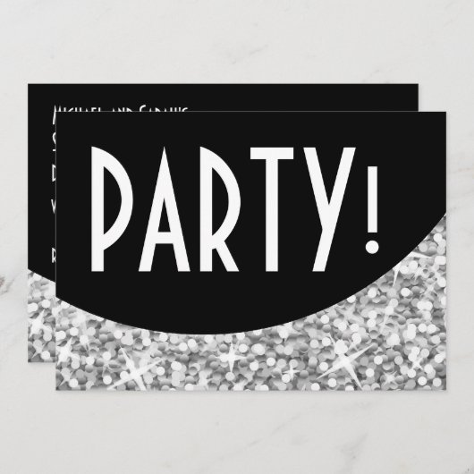 Glitz "Silver" zwarte kromme "Party!" uitnodiging (Voorkant / Achterkant)