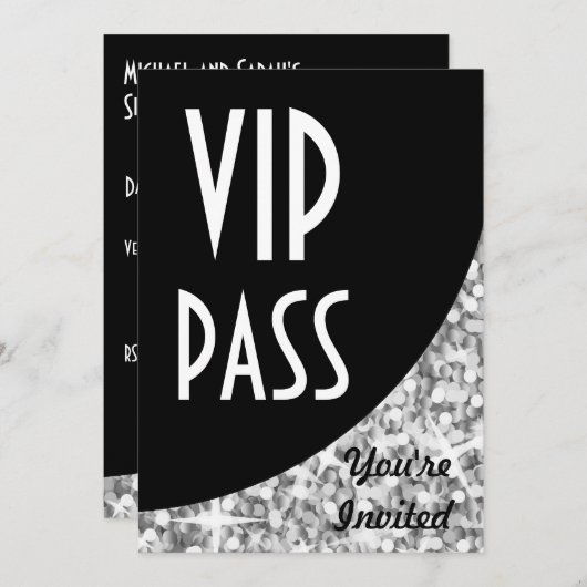 Glitz "Silver" zwarte kromme "VIP Pass"-uitnodigin Kaart (Voorkant / Achterkant)