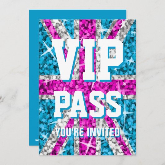 Glitz UK Pink "VIP PASS"-uitnodiging Kaart (Voorkant / Achterkant)
