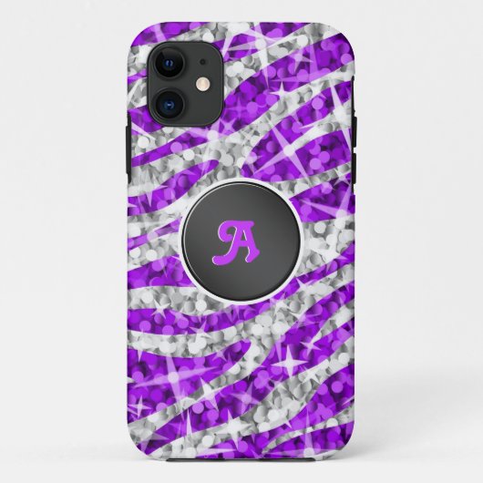 Glitz Zebra Paarse monogram iPhone hoesje zwart (Achterkant)