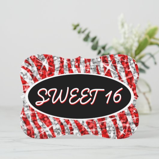 Glitz Zebra Red "Sweet 16" zwarte ovaal steun Kaart (Staand voorkant)