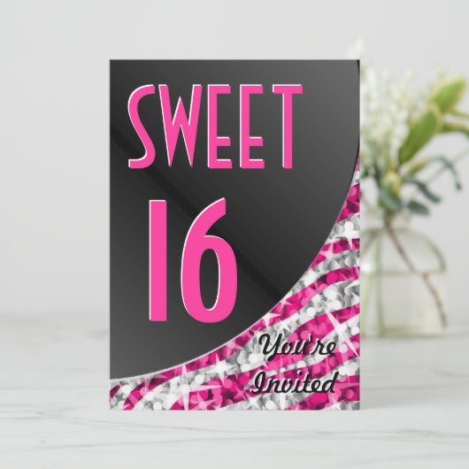 Glitz Zebra Roze curve "Sweet 16" uitnodiging (Staand voorkant)