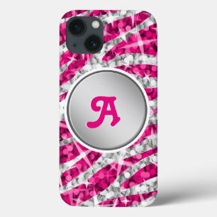 Glitz Zebra Roze print monogram zilver iPhone 13 Hoesje