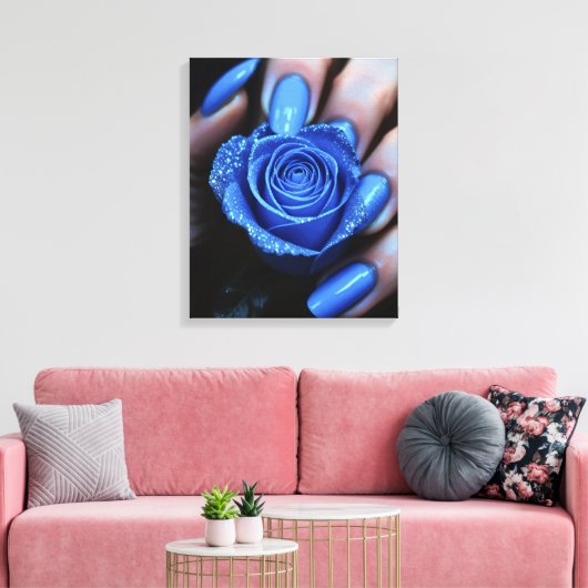 Glitzernde Blaue Rose mit Passenden Nägeln Canvas Afdruk (Insitu (Woonkamer))