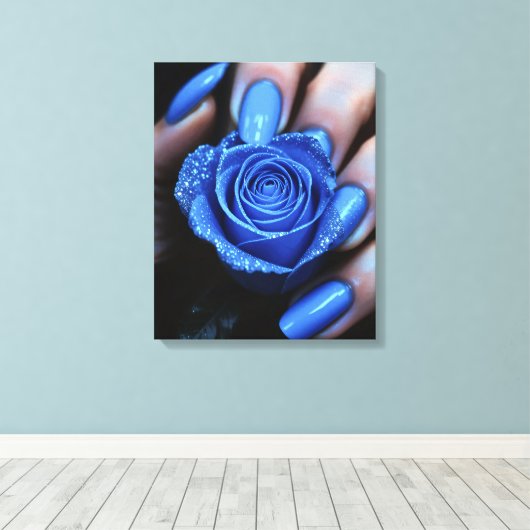 Glitzernde Blaue Rose mit Passenden Nägeln Canvas Afdruk (Insitu (Houten vloer))
