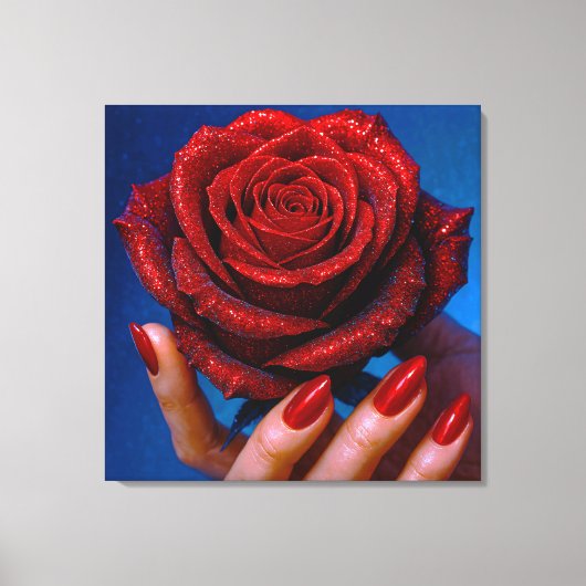 Glitzernde Rote Rose mit Passenden Nägeln Canvas Afdruk (Voorkant)