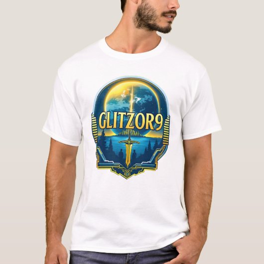 Glitzor9 Skyline Badge — Planeet & Zwaard Embleem T-shirt (Voorkant)