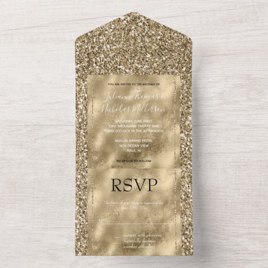 Glitzy Antiek Gold Glitter All In One Uitnodiging (Binnen)