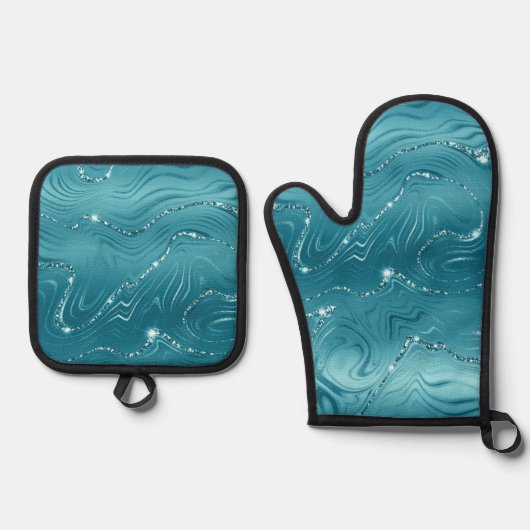 Glitzy Aqua Blauw Turquoise Marmer Ovenwant & Pannenlap Set (Voorkant)