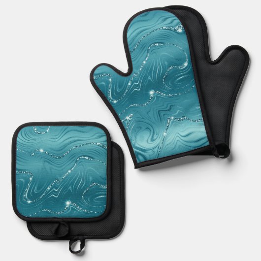 Glitzy Aqua Blauw Turquoise Marmer Ovenwant & Pannenlap Set (Voorkant / Achterkant)
