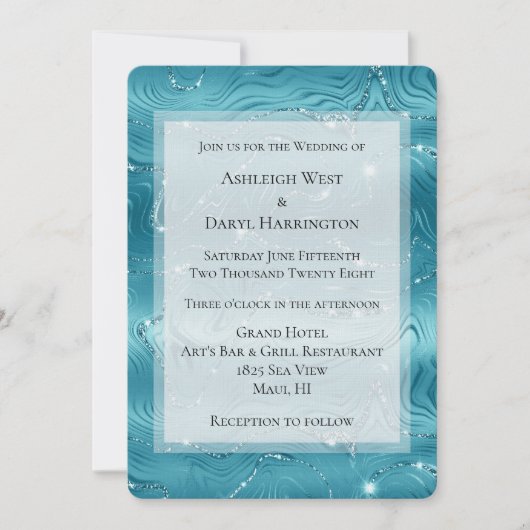 Glitzy Aqua Blauw Turquoise Marmeren Bruiloft Kaart (Voorkant)