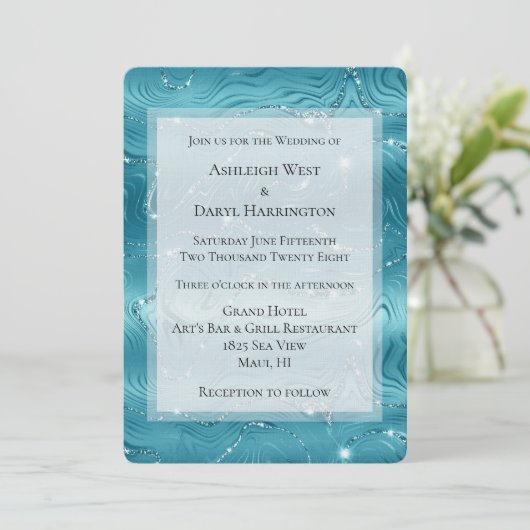 Glitzy Aqua Blauw Turquoise Marmeren Bruiloft Kaart (Staand voorkant)