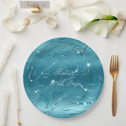 Glitzy Aqua Blue Bruiloft Papieren Bordje (Huwelijk)