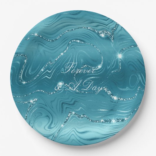 Glitzy Aqua Blue Bruiloft Papieren Bordje (Voorkant)