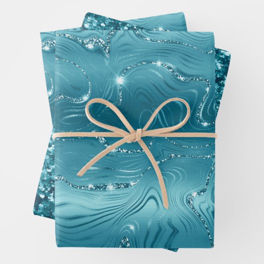 Glitzy Aqua Blue Turquoise Glitter Verjaardag Inpakpapier Vel (In situ)