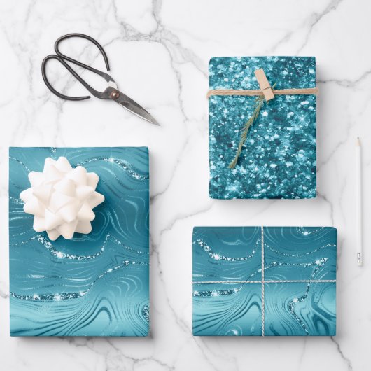 Glitzy Aqua Blue Turquoise Glitter Verjaardag Inpakpapier Vel (Voorkant)