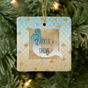 Glitzy Aqua Mermaid Blue Glitter Keramisch Ornament