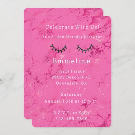 Glitzy Black Glitter Wimpers Roze Verjaardag Kaart (Voorkant / Achterkant)