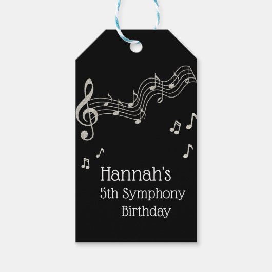 Glitzy Black & White Musical Notes Birthday Cadeaulabel (Voorkant)