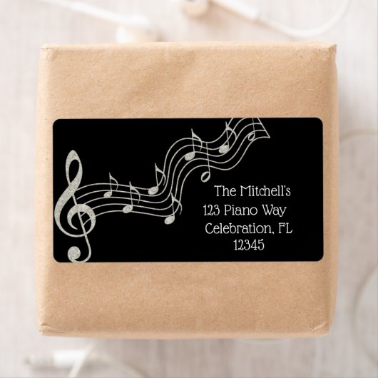 Glitzy Black & White Musical Notes Birthday Etiket (Insitu)