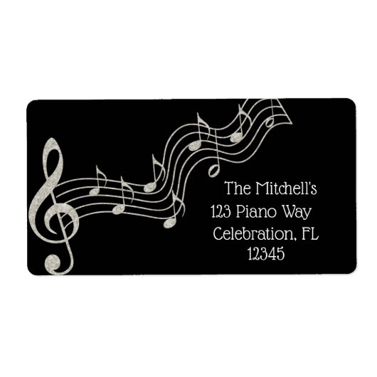 Glitzy Black & White Musical Notes Birthday Etiket (Voorkant)