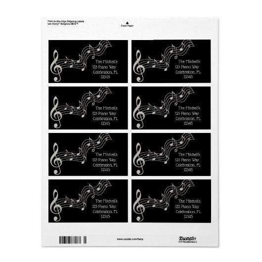 Glitzy Black & White Musical Notes Birthday Etiket (Full Sheet)