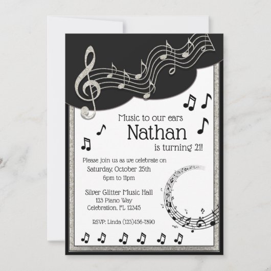 Glitzy Black & White Musical Notes Birthday Kaart (Voorkant)