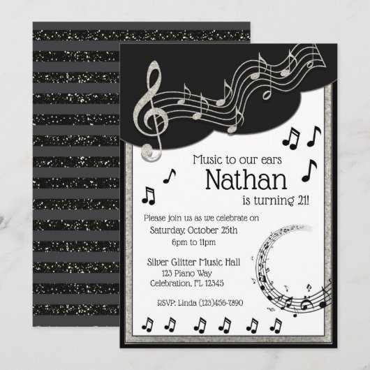 Glitzy Black & White Musical Notes Birthday Kaart (Voorkant / Achterkant)