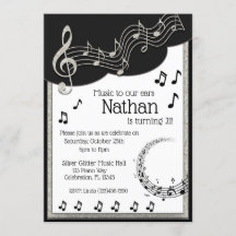 Glitzy Black & White Musical Notes Birthday