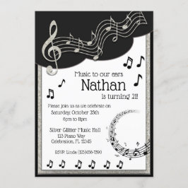 Glitzy Black & White Musical Notes Birthday Kaart