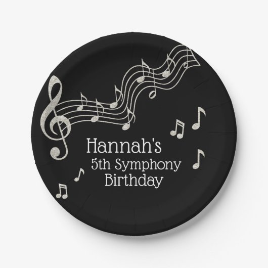 Glitzy Black & White Musical Notes Birthday Papieren Bordje (Voorkant)