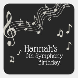 Glitzy Black & White Musical Notes Birthday Vierkante Sticker