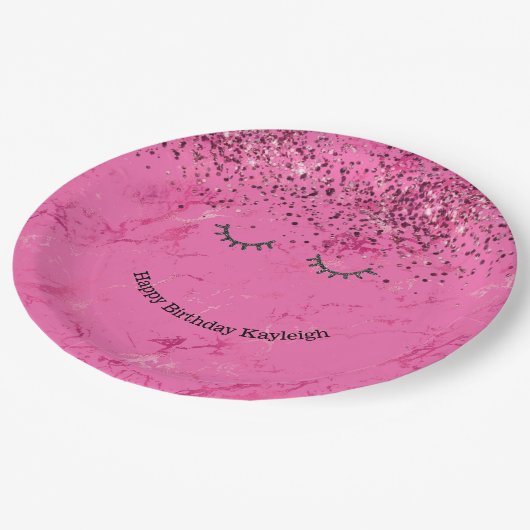 Glitzy Black Wimpers Roze Glitter Verjaardag Papieren Bordje (Gekanteld)