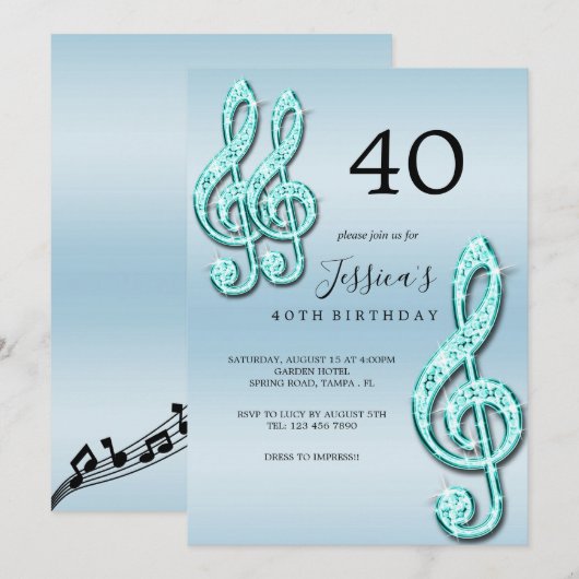 Glitzy Blauwgroen Muzieknoten Verjaardag Kaart (Voorkant / Achterkant)
