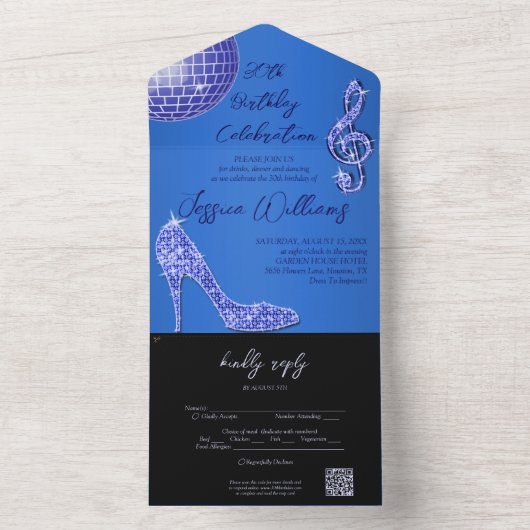 Glitzy Blue & Black 30e verjaardag QR-code All In One Uitnodiging (Binnen)